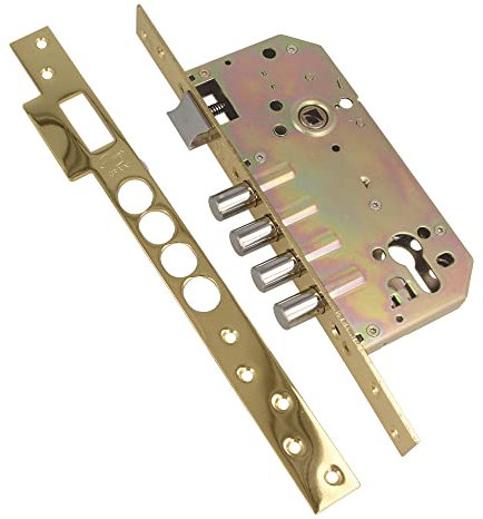 Amig - Cerradura de Embutir Con Bulones para Puertas de Madera Mod. 100-50/85 mm - Con Cilindro y Escudo de Seguridad - Picaporte Reversible - Acero Latonado Barnizado