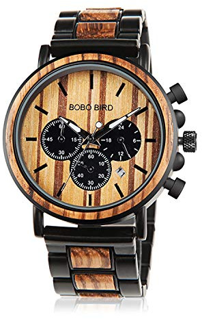 Bobo Bird Herren Holz-Edelstahl Armbanduhr Military in Braun Chronograph mit Einem Gliederarmband Handgefertigt Quarz Analog Uhr inkl. Geschenkbox, Schwarz