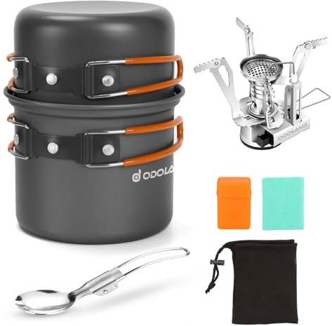 Odoland 6pcs Camping Cookware Mess Kit with Lightweight Pot, Stove, Spork and Carry Mesh Bag, Great for Backpacking Outdoor Camping Hiking and Picnic