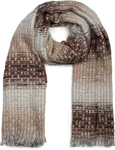 styleBREAKER Sciarpa da donna con motivo a strisce e reti, paillette e frange circolari, sciarpa invernale, stola, foulard 01017114, colore:Marrone-Beige-Grigio chiaro
