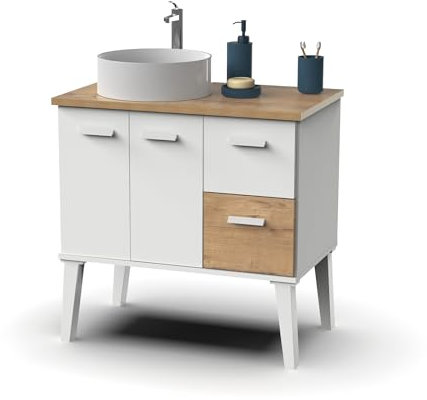 Muebles Pitarch | Mobile da bagno, larghezza 80cm, con piedi alti, 2 cassetti e 2 porte, per lavabo da appoggio, Bianco e Rovere Gold, stile Moderno Nordico Vintage, modello Aqua