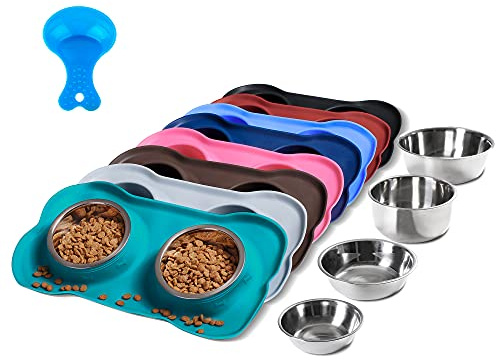 Hubulk Lot de 2 gamelles en Acier Inoxydable pour Chien avec Tapis en Silicone antidérapant Anti-déversement + Pelle à Nourriture pour Animaux de Compagnie pour Nourrir Les Chiens et Chats de Petite,