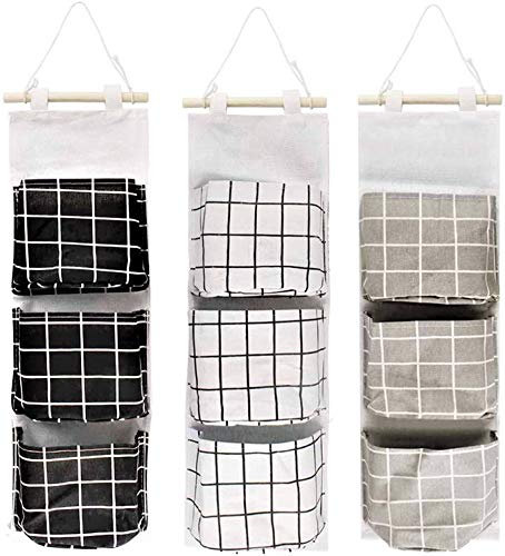 KAHEIGN 3 Pièces Sac De Rangement Mural, 60 x 20cm Sac à Suspendre Empilable à 3 Couches - Tissu De Lin Imperméable Organisateur De Poche Large Suspendu Pour Chambre à Coucher Salle De Bain Cuisine