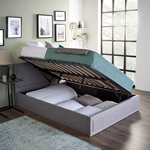Home Treats Side Lifting Upholstered Bed | Grey Fabric Ottoman Bed Frame With Under Bed Storage (Small Double, Tufted Bonnel Sprung Mattress)...