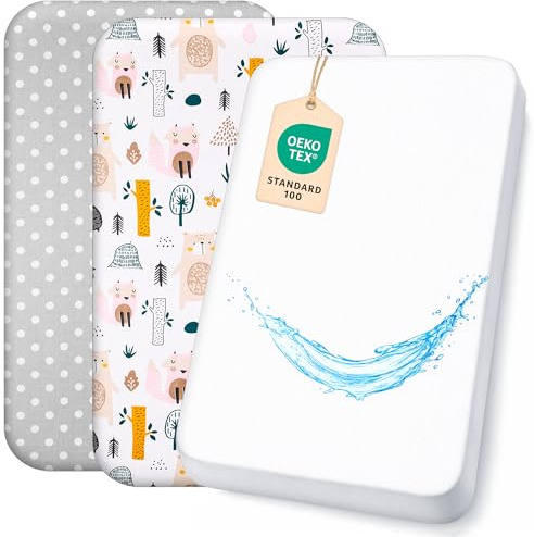 Lovely Hippo 2X Spannbettlaken 83x50cm 100% Baumwolle + 1X Matratzenschoner 100% wasserdichtem Material - Set 3X - Kompatibel Chicco, Kinderkraft (Waldtiere, 50 x 83 cm)