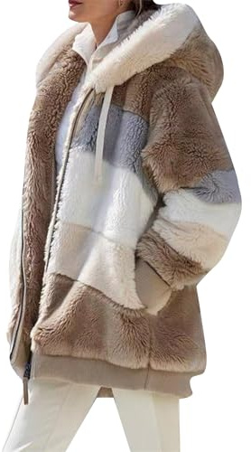 OMZIN Damen Winter Einfarbig Kapuzen Strickjacke Reißverschluss Tasche Plus Size Mantel Casual Einfarbig Plüsch Jacke Khaki XL