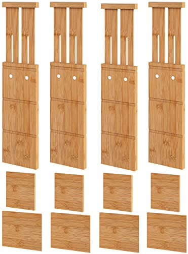 Vriccc 4.4 High Drawer Dividers with Inserts, Bamboo Drawer Dividers for Clothes, Expandable from 12-17.5, Adjustable drawer organizer for Bedroom, Kitchen & Office, 4 Dividers with 8 Insert.