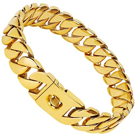 KINGOLDOGS Gold Cuban Link Hundehalsband, 32 mm dick, strapazierfähig, luxuriöses Trainingshalsband, Schnappschnalle, 18 Karat Gold, mittelgroße und große Hunde