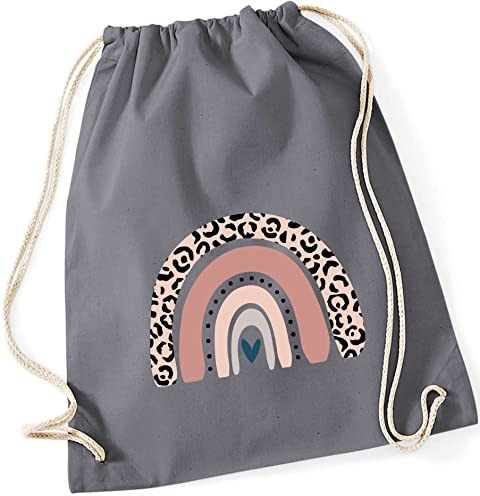 Turnbeutel für Kinder Baumwolle mit Regenbogen in Rosé | Motiv LEO-Print für Mädchen | Stoffbeutel Rucksack zum Zuziehen mit Kordel