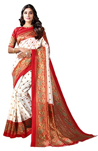 Satrani Women's Woven & Lace Lycra Saree with Blouse(_, White & Red, One Size
