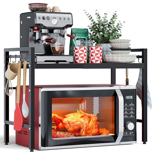 NETEL allungabile mensola microonde a 2 Livelli,supporto microonde salvaspazio,mensola per friggitrice ad aria,scaffale da cucina，Organizzatore di Stoccaggio per Cucina con 8 Ganci, Nero