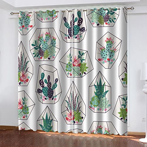 GXCBLK Gardinen Wohnzimmer Kinderzimmer Verdunkelungsvorhang 3D Digitaldruck Kaktus-Druck Vorhänge Blickdicht Schlafzimmer Thermovorhang Mit Ösen, 2Er Set 260X140Cm（H X B）