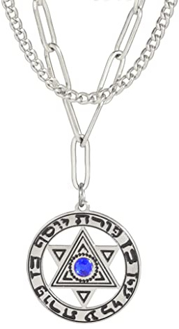 unift Davidsstjärna judiskt lager halsband för kvinnor rostfritt stål hebreisk inskription hexagram blå diamant runt hänge dubbla lager halsband smycken gåvor, Rostfritt stål, Ingen ädelsten