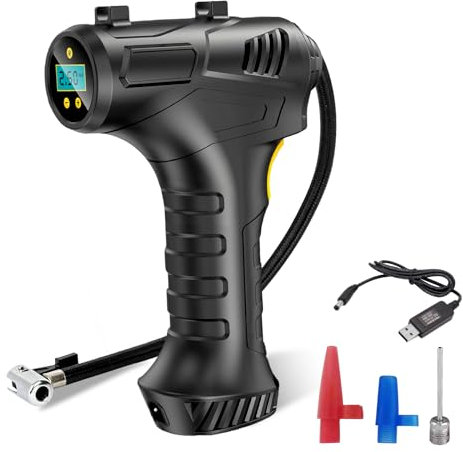 ProChosen Compressore Aria Portatile, Ricaricabile 12V Compressore Aria Portatile Auto 150PSI, Mini Compressore Portatile Gonfia Gomme Auto Portatile con Luce LED e Adattatori per Ugelli