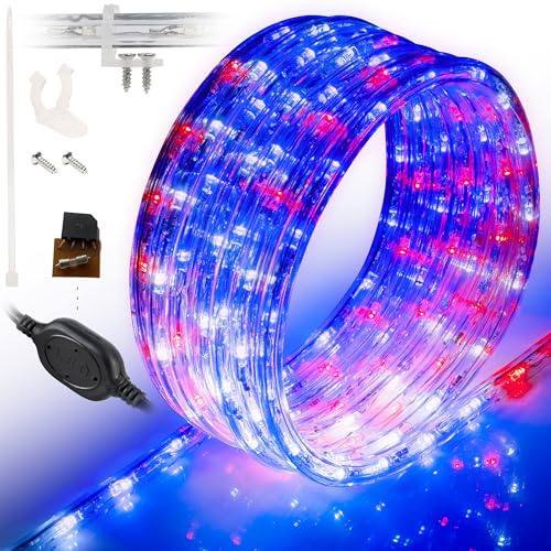 WYZworks 288LEDs 25ft LED USA Patriotic American Red White Blue Outside Rope Lights, Outdoor ETL Certified Waterproof Permanent 360 Degree Light, Flexible Tube, Connectable, Palm Tree Exterior