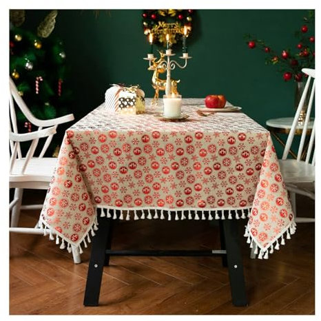 Gualiy Tischtuch Quadratisch, Tischdecken 140x240CM Leinen Tischdecken Waschbar Weihnachten Schneeflockes Elch mit Quasten Tischdecken für Couchtisch, Rot