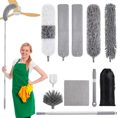 wlich Feather Duster with Extension Pole, 11 Pcs Reusable Bendable Washable Cobweb Duster with Extension Pole 15-84 Inch0, for Cleaning High Ceilings, Fans, Furniture and Hard-to-Reach Areas