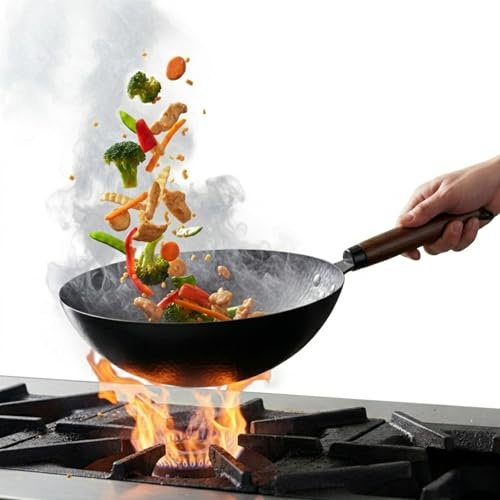 TRILONIUM Wok chino de acero al carbono, 26 cm, capacidad 2,75 litros, martillado y presazonado