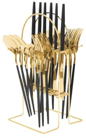 Pavewood Juego de Cubiertos de 24 Piezas con Soporte, Juego de Vajilla, Cubiertos de Acero Inoxidable, Juego de Vajilla para Fiesta, Cualquier OcasióN, Servicio para 6-A