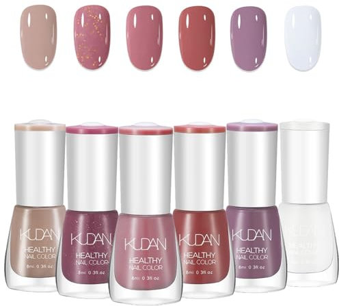 6PC Quick Dry Nail Polish Sets - Long Lasting Nude Pink White Red Purple Glitter Nail Varnish, Non-Toxic Water Based Natural Nail Polish