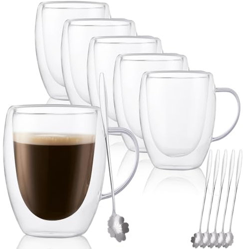 DAJAVE Set of 6 Glass Coffee Mugs 350ml Double Walled Glass Mugs with Handle Coffee Glass Cups for Hot Drinks, Latte, Cappuccino, Tea, Milk, Juice - with 6 Spoons