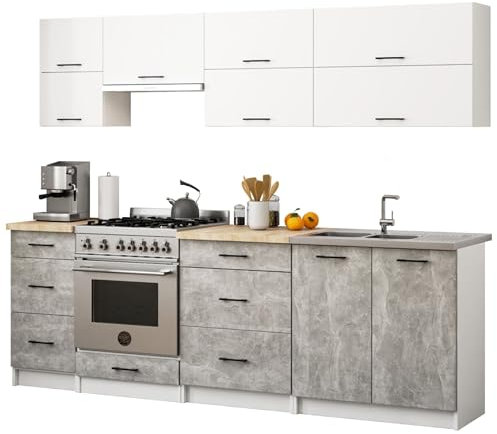 3E 3xE living.com Küchenset: sechs Schubladen, zehn Türen, neun Einlegeböden, Farbe: weiß | Beton, A: B: 240 cm, H: 203 cm, T: 46 cm