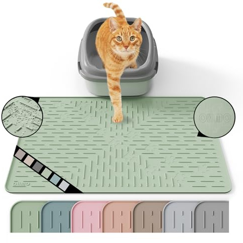 OHMO Tapis de litière pour chat en silicone de qualité supérieure, 60 x 40 cm, imperméable et sans BPA, facile à nettoyer et garde le sol bien rangé (vert clair)