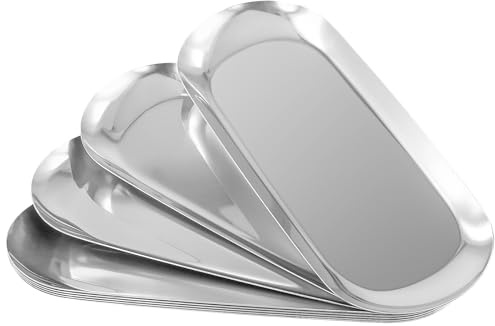 JIEHIN 8 stycken metall oval bricka silver, 23 x 9,5 cm rostfritt stål dekorativ bricka liten serveringsbricka dekottallrik rostfritt stål förvaringsbricka metall för smycken ljus kosmetika dessert