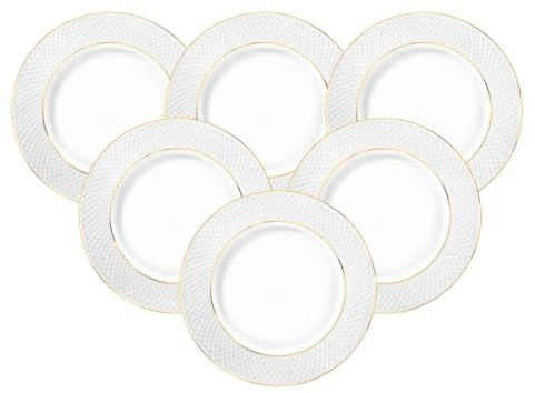 Wilmax Lot de 6 assiettes à dessert, en porcelaine, blanches, avec motif doré, 28 cm de diamètre, passent au lave-vaisselle, pour petit-déjeuner, assiettes à dessert