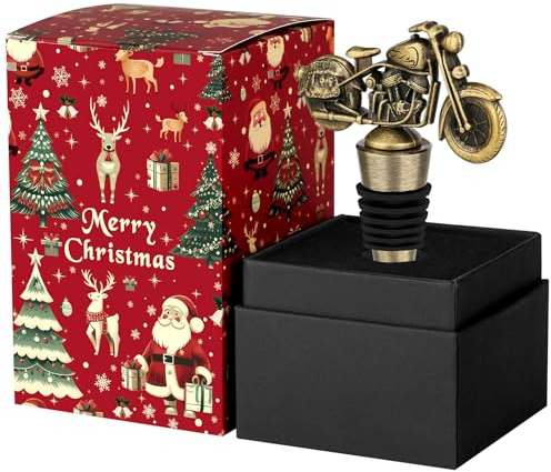 LKKCHER Weihnachtlich verpackter Motorrad-Weinflaschenverschluss, Weihnachtsgeschenke Motorradgeschenke für Biker Männer Papa, Bronze mit Weihnachtsverpackung und Weihnachtskarte