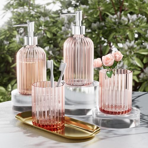 XLHOMO Glass 5PCS Pink Bathroom Accessories Set, Soap Dispenser, Toothbush Holder, Vanity Tray, Housewarming Dorm Apartment Decor Home Essentials Gift for Her for Bathroom Countertop