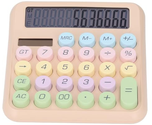 12-stelliger Tischrechner mit 5 Zoll Großem LCD-Display und Runder Großer Taste, Dual-Stromquelle (Solar und Batterie), 28 Tasten, für Büro, Zuhause, Schule (Milchteefarbe)