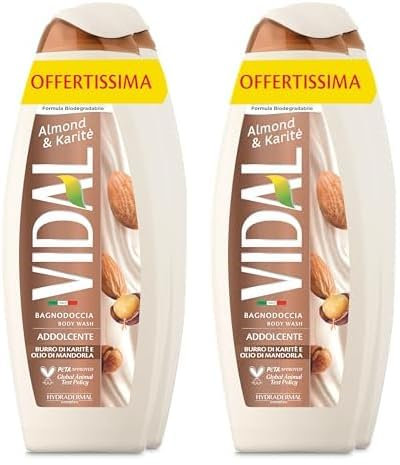Vidal - Bagnoschiuma Almond & Karité, Formula Addolcente, con Olio di Mandorle e Burro di Karité, Dermatologicamente Testato, 2 Flaconi da 600ml (Confezione da 2)