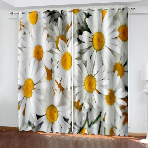 Bishilin Vorhänge mit Ösen 107x183CM 2er Set, Verdunklungsvorhänge Blickdicht Gänseblümchen Gardinen Kinderzimmer Jugendzimmer