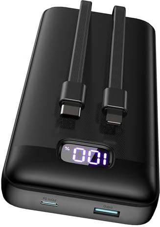 TECKNET Power Bank, 20000mAh 22.5W Fast Charging Portable Charger with Built-in 2 Cable, USB-C Powerbank with LED Display & 4 Outputs, PD 3.0 QC 4.0 Travel Battery Pack for iPhone/iPad/Android Devices