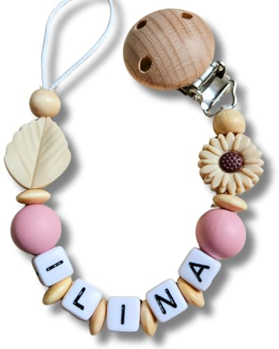 Lovely Personalisiertes Baby Geschenk, Mädchen/Junge, Schnullerkettchen mit Name, Schnullerband, verschiedene Farb-Varianten Daisy (Beige, Altrosa)