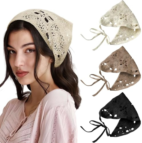 GWAWG 3 Stück Damen Bandanas, Boho Dreieckstuch aus Jersey, Elastisches Kopftuch als Haarband, Stirnband oder Turban für Frauen & Mädchen