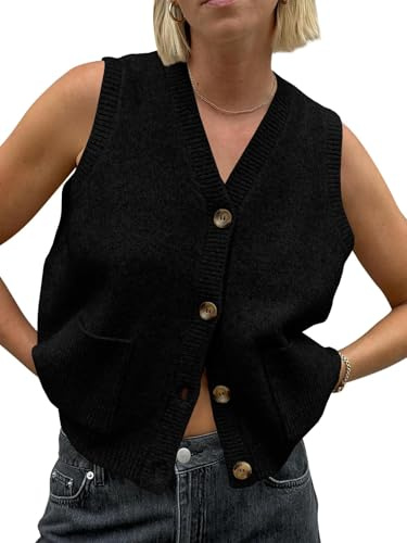 Saodimallsu Pull sans manches pour femme - Coupe ample - Gilet en tricot - Bouton en V - Tricot tendance et décontracté - Avec poches, Noir , L