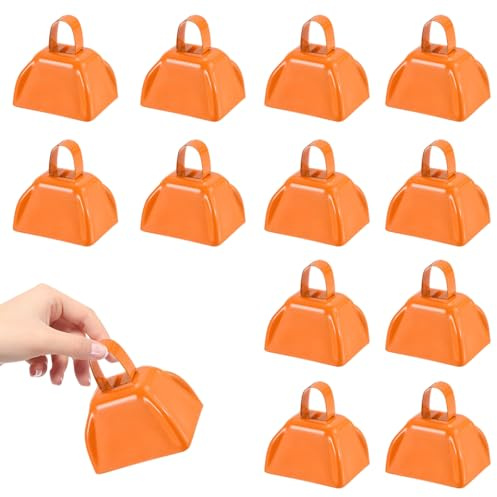 HEYLEAYAR 3Inch Cowbells for Sporting Events,12Pcs Metal Cow Bells Bulk Loud Noise Makers Cow Bell with Handle for Cheering Football Games Spirit Marathon Weddings Party Noisemakers, Orange