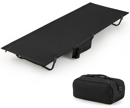 COSTWAY Fältsäng, hopfällbar, ultralätt campingsäng med sidoficka, 193 x 70 cm, bärbar hopfällbar säng, 200 kg bärkraft, campingsolstol för camping, resor, strand (svart)