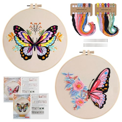 TAIHOBO Embroidery-kit, fjärilsbroderiset för nybörjare, 2 stycken broderiband med broderiram, broderigarn, synål, instruktioner, blommor handbroderi, broderiset för nybörjare, broderiset vuxna (rosa)