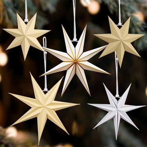 SUNBEAUTY 5 Stück Papiersterne zum Aufhängen Weiß,Braun Papiersterne Weihnachten 7 Zacken Faltsterne Weihnachten Khaki,Weihnachtsdeko Christbaumschmuck Tischdeko für Advent Hochzeit Geburtstag