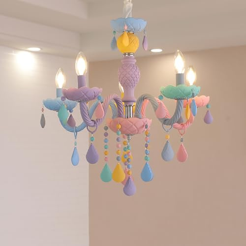 GUEIFD Lámparas de Araña de Cristal de Colores, Altura Ajustable, Lámpara De Techo Colgante con Forma de Vela para Dormitorio De Niñas, Sala de Estar, Comedor, Cafetería, 5 Lights