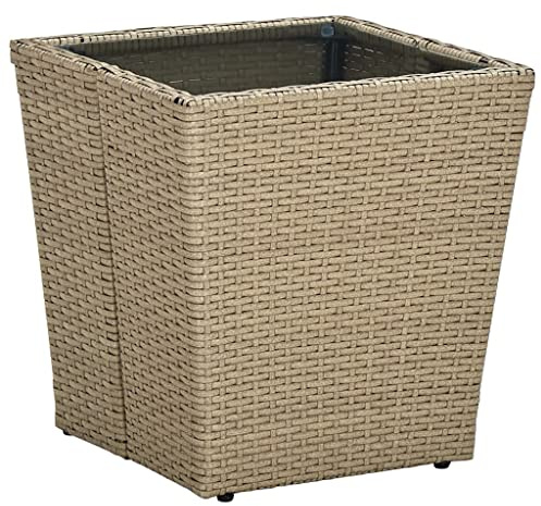 HaoChrymec Beistelltisch mit PE-Rattan und Hartglas, Modernes Design, Loungetisch für Garten und Terrasse, Beistelltisch Outdoor, Beige, 41.5x41.5x44 cm