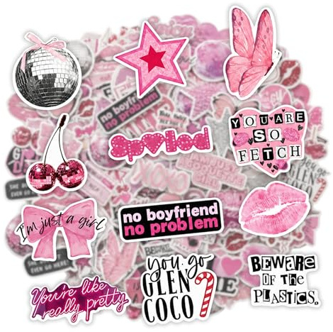 Mazo Moon 50 x Pink Aesthetic Y2K Stickers Pack | Retro Coquette, Mean Girls, 2000s Stickers for Laptop, iPad, Water Bottle, Journal & Scrapbook | Trendy Vinyl Stickers for Girls & Teens
