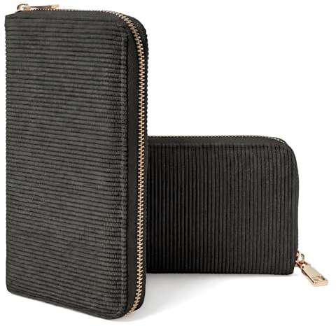 MillyMilk® Fondo Large – Großer Damen Cord Geldbeutel – Stoff Portemonnaie Vegan viel Platz für Karten, Münzen & Scheine – Formstabile Damenbörse mit Reißverschluss – Organizer Geldbörse (SCHWARZ)