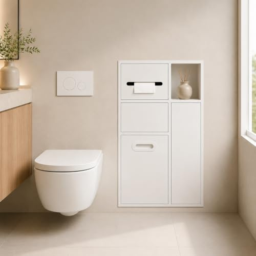Unterputz Toilettenpapierhalter Unterputz WC Modul | Toilettenpapierhalter Unterputz mit Mülleimernische, Toilettenbürstenhalter, 304 Edelstahl, Platzsparend(White,67*40*14CM)