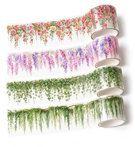 HMCEY 4 Pezzi Nastro Adesivo Decorativo Fiori,Washi Tape Scrapbooking Fiori, Adesivi Aesthetic Scrapbooking,Nastro Sticker per Bullet Journal,Stickers per Album Fotografico per Fai Da Te, Journaling