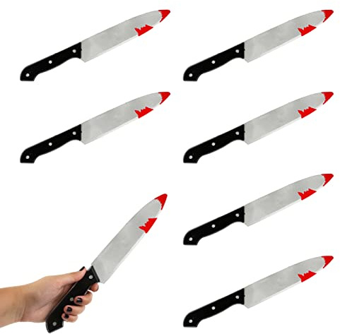 Halloween Knife - Pack of 6-30cm Long Fake Bloody Knife with Black Handle - Halloween Slasher Bloody Knife Fancy Dress Prop Accessory