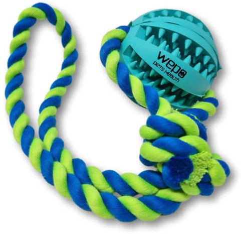 WEPO Hundespielzeug Ball mit Seil Türkis Ø7cm - Zahnpflege für Hunde - Ziehspielzeug für draußen & drinnen - Mit Leckerlifunktion - Strick Blau/Grün